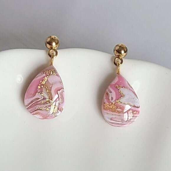 Boho Gold Ball Resin Pink White Agate Gemstone Inspired Teardrop Dangle Earrings - Picture 2 of 12